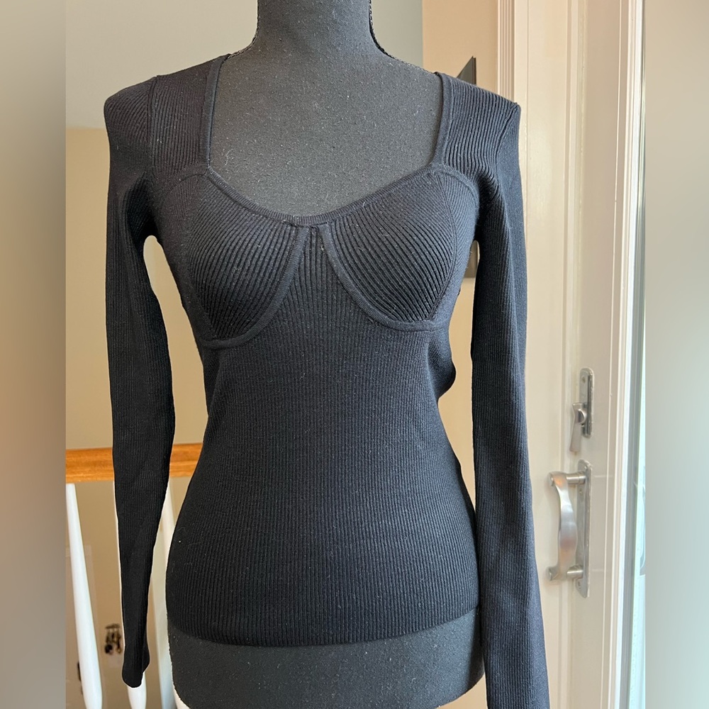 MADEWELL‎ SWEETHEART NECKLINE BLACK RIBBED STRETCH KNIT TOP